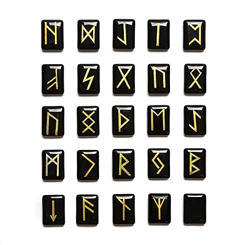 WANGCL 25-teiliges schwarzes Obsidian-Runenstein-Set, getrommelter Edelstein mit geschnitzten Runenwörtern für Wahrsagen, Kristallheilung, Reiki von WANGCL