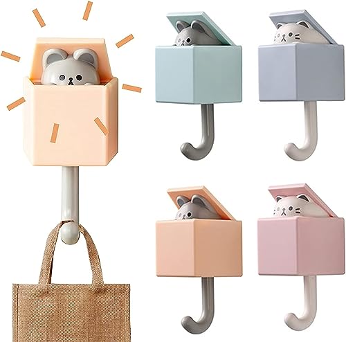 WANGCL 4 Stück Selbstklebende Wandhaken Vielseitige Haken Kinder Lustige Kunststoff Dekorative Kleiderhaken Katze Schlüsselhaken für Zuhause Küche Hüte von WANGCL