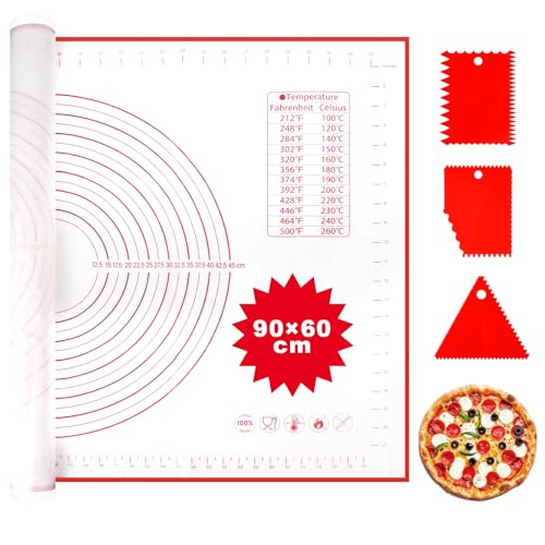 Backmatte Silikon Backofen Teigmatte Silikon Groß 90x60cm Mit 3 Stück Teigschaber Messung Für Die Herstellung Von Keksen Macarons Arbeitsplatte Platzdeckchen Backen Zubehör von WANGDEFA