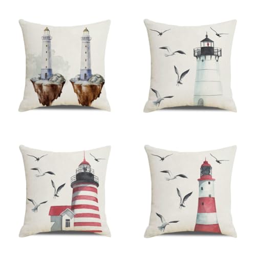 WANGG 4er Set Dekorativ Kissenbezug Sofakissen 80 X 80 cm Seemöwe Leuchtturm,Leinen Kissenhüllen Für Wohnzimmer Schlafzimmer Kissen Dekor von WANGG