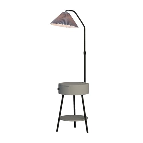 WANGHAI-666 Stehlampen Stehlampe mit Tisch, Mid-Century Modern Nachttisch mit USB-Ladeanschluss und Trommelschirm, Beistelltisch mit Stehlampe für Lesungen(Grigio) von WANGHAI-666