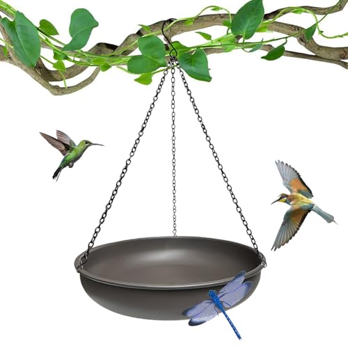Vogeltränke zum Aufhängen, 29,8 cm, dunkles Curry, Metall, Vogeltränke, Schüssel mit 43,2 cm, rostfreien schwarzen Ketten, für Garten, Hinterhof, Dekoration mit magnetischer Libellen-Dekoration von WANGIRO