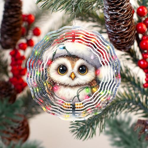 Weihnachts-Windspiel, 3D-Eulen-Spinner für Hof und Garten, 3D-Stahl-Windspiel, zum Aufhängen, 25,4 cm, 3D-Weihnachtsmotiv von WANGIRO