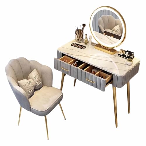 WANGXLGD Frisiertisch mit Holzschubladen & beleuchtetem Spiegel, Schminktisch, Home Office Schreibtische für das Schlafzimmer, Kleiner Schreibtisch für das Mädchenschlafzimmer (Grey,80cm) von WANGXLGD