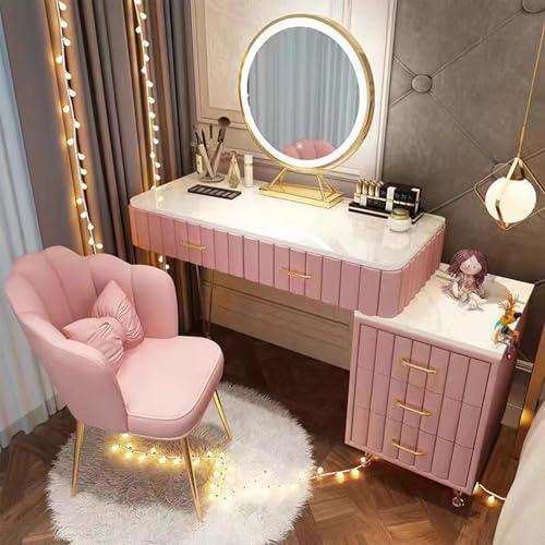 WANGXLGD Großes Makeup Eitelkeit Schreibtisch mit Spiegel LED 3 Beleuchtung einstellbar, Vanity Tisch Set mit 5 Lagerung Schublade & Stuhl Schlafzimmer Möbel (Pink,100cm) von WANGXLGD