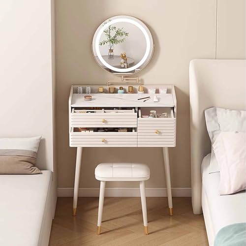 WANGXLGD Massiver Holzwaschtisch mit Spiegel und Beleuchtung, kleine Schminkkommode mit Schubladen, 3 Beleuchtungsmodi, einstellbare Helligkeit, Waschtisch für Schlafzimmer und Wohnzimmer (A,60cm) von WANGXLGD