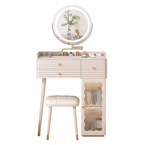 WANGXLGD Massiver Holzwaschtisch mit verstellbarem Spiegel und Beleuchtung, kleine Schminkkommode mit Schubladen, Waschtisch für Schlafzimmer und Wohnzimmer (A,70cm) von WANGXLGD