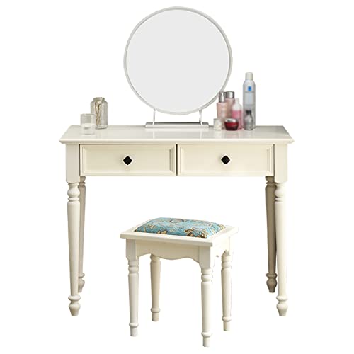 WANGXLGD Massivholz Eitelkeit Schminktisch, Vintage weiß Kommode Schreibtisch mit Schubladen & Hocker, für Mädchen Schlafzimmer kleinen Raum (100cm) von WANGXLGD