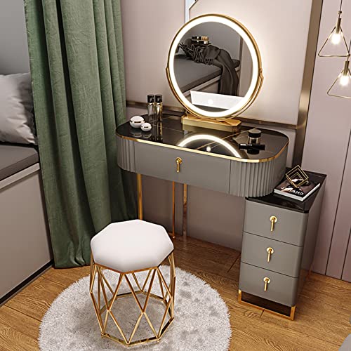 WANGXLGD Moderner Schminktisch Kosmetiktisch mit gepolstertem Hocker, Schminkpult für das Schlafzimmer, Kommodenset mit 4 Schubladen & Nachttisch für reichlich Stauraum (Black,70cm) von WANGXLGD
