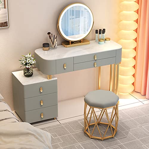 WANGXLGD Rock Slab Waschtisch Set Makeup Frisiertisch Schlafzimmer Kommode Schreibtisch mit 3-Farben-Spiegel, 6 Schubladen & Hocker für Mädchen Frauen (Grey,100cm) von WANGXLGD