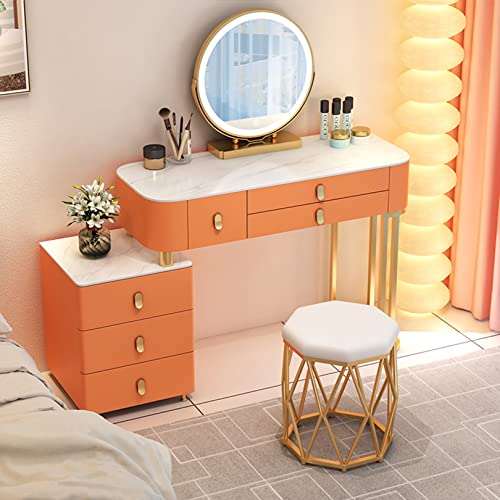 WANGXLGD Rock Slab Waschtisch Set Makeup Frisiertisch Schlafzimmer Kommode Schreibtisch mit 3-Farben-Spiegel, 6 Schubladen & Hocker für Mädchen Frauen (Orange,100cm) von WANGXLGD