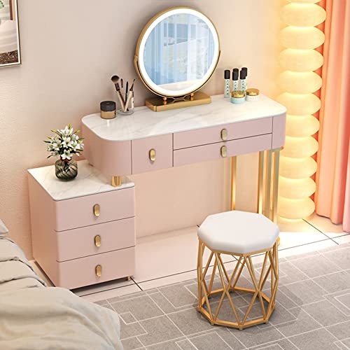 WANGXLGD Rock Slab Waschtisch Set Makeup Frisiertisch Schlafzimmer Kommode Schreibtisch mit 3-Farben-Spiegel, 6 Schubladen & Hocker für Mädchen Frauen (Pink,100cm) von WANGXLGD