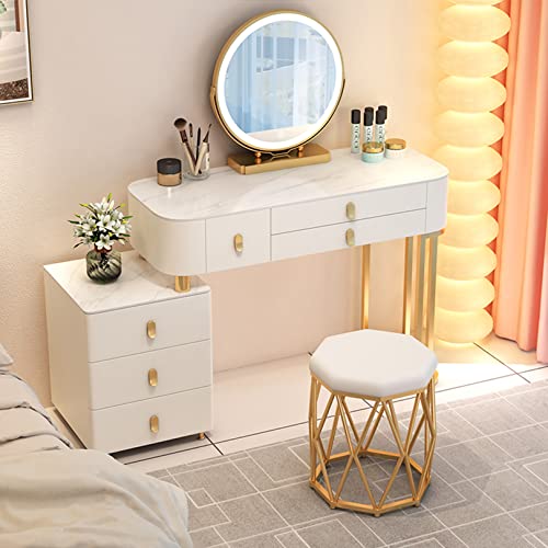WANGXLGD Rock Slab Waschtisch Set Makeup Frisiertisch Schlafzimmer Kommode Schreibtisch mit 3-Farben-Spiegel, 6 Schubladen & Hocker für Mädchen Frauen (White,100cm) von WANGXLGD