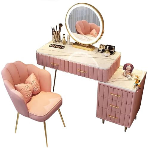 WANGXLGD Schminkkommode Frisiertisch Spiegel Kosmetikkommode mit Hocker Kommode mit LED Spiegel, 5 Schubladen (Pink,100cm) von WANGXLGD