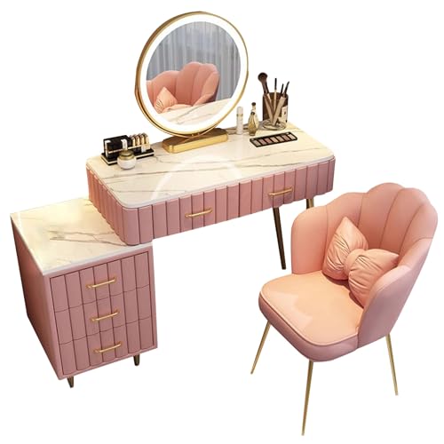 WANGXLGD Schminkpult mit Spiegel und Beleuchtung, Waschtisch-Set mit Schublade für das Schlafzimmer (Pink,100cm/39.4in) von WANGXLGD