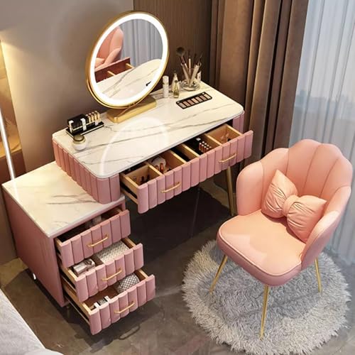 WANGXLGD Schminktisch, 3 Farb-LED-Beleuchtungsmodi, Schminktisch mit Schubladen, Schminkpult mit gepolstertem Hocker (Pink,80cm/31.5in) von WANGXLGD