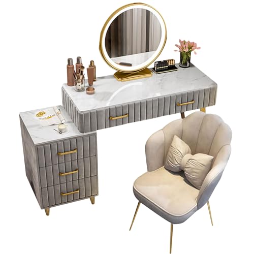 WANGXLGD Schminktisch, Frisiertisch mit gepolstertem Hocker, Schminktisch mit abblendbarem 3-Farben-Touchscreen-Spiegel (Grey,80cm/31.5in) von WANGXLGD