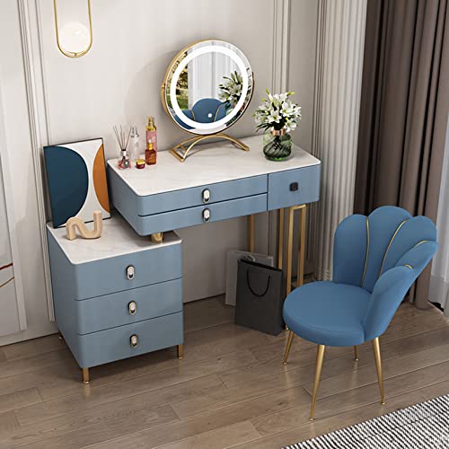 WANGXLGD Schminktisch Set Makeup Eitelkeit Schreibtisch Set mit LED-Licht einstellbare Helligkeit Spiegel & 6 Soild Holz Lagerung Schubladen und gepolsterte Hocker für Mädchen (Blue) von WANGXLGD