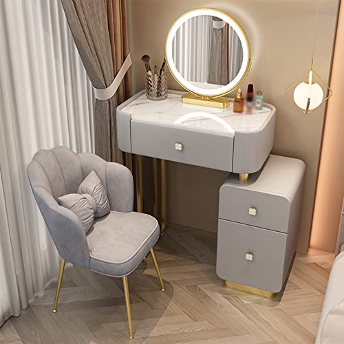 WANGXLGD Schminktisch Set mit Hocker und 360 Grad schwenkbarem Spiegel Rock Slab Makeup Desk 3 Schubladen Vanity Möbel für Schlafzimmer Small Space (Grey,70CM) von WANGXLGD