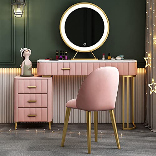 WANGXLGD Schminktisch mit 3-Farben-Touchscreen-Spiegel und Hocker, Eitelkeits-Schminktisch-Set mit 5 Schubladen, Schlafzimmer-Kommode mit großer Tischplatte (Pink,80cm) von WANGXLGD
