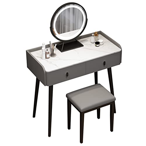 WANGXLGD Schminktisch mit Hocker 2 Schubladen & Verstellbarer LED-Spiegel Schlafzimmer Eitelkeit Set Makeup Kosmetik Kommode Möbel (Grey,80cm) von WANGXLGD