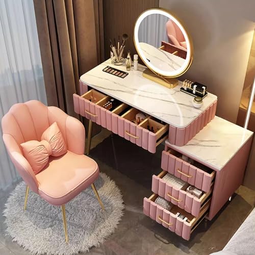 WANGXLGD Schminktisch mit LED beleuchtetem Spiegel, Toilettentisch mit Schubladen, Schrank und gepolstertem Hocker, Schminktisch für das Schlafzimmer (Pink,100cm/39.4in) von WANGXLGD
