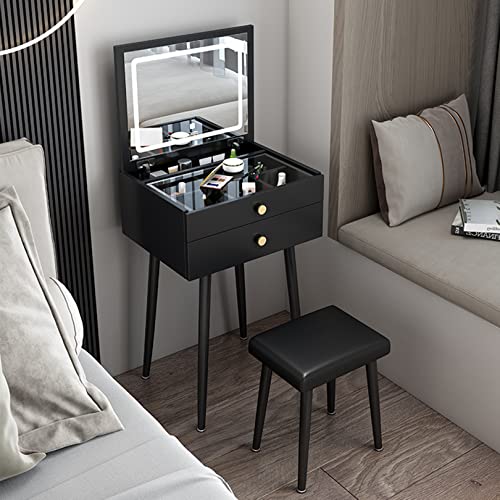 WANGXLGD Schminktisch mit aufklappbarem, beleuchtetem LED-Spiegel, Mehrzweck-Schublade mit 2 Schubladen und Hocker, Frisiertisch (Black) von WANGXLGD