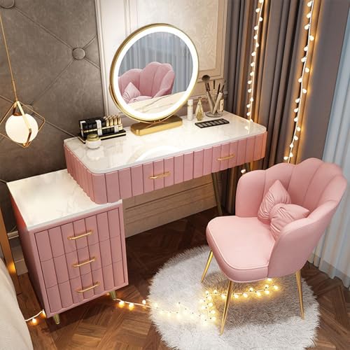 WANGXLGD Schminktische mit Schubladen, Schminkkommode mit Spiegel und Beleuchtung, Waschtisch für das Schlafzimmer, Waschtisch mit Stuhl, Mädchen-Waschbecken-Set (Pink,100cm/39.4in) von WANGXLGD