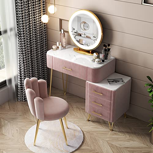 WANGXLGD Schminktische mit beleuchtetem Spiegel Eitelkeit Set Kommode 4/5 Schubladen mit Schiebetisch & gepolstertem Hocker für Mädchen Schlafzimmer (Pink,80cm) von WANGXLGD