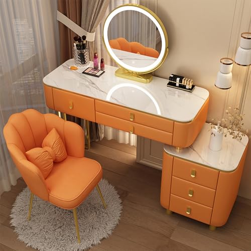 WANGXLGD Schreibtisch mit Spiegel und Beleuchtung, Schreibtisch mit Spiegel, Schminkkommode mit 6 Schubladen und gepolstertem Hocker, Schminkkommode für Schlafzimmer, Bad (Orange,39.4in) von WANGXLGD