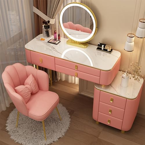 WANGXLGD Schreibtisch mit Spiegel und Beleuchtung, Schreibtisch mit Spiegel, Schminkkommode mit 6 Schubladen und gepolstertem Hocker, Schminkkommode für Schlafzimmer, Bad (Pink,39.4in) von WANGXLGD