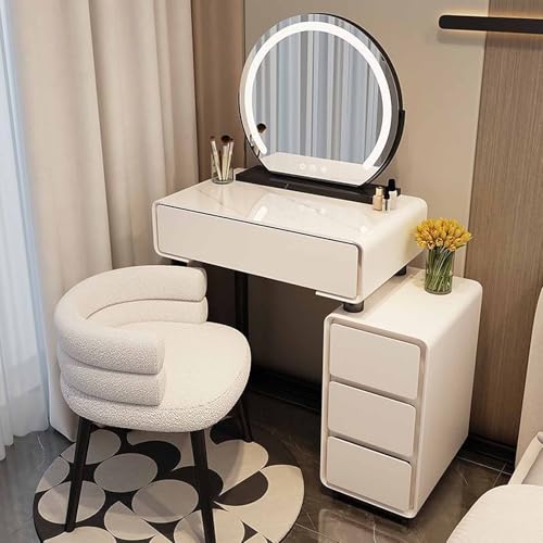 WANGXLGD Waschtisch, Waschtisch mit Spiegel und LED-Leuchten, Waschtisch-Set mit 2 Schubladen und Seitenschrank, Hocker (White,60cm) von WANGXLGD