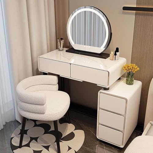 WANGXLGD Waschtisch, Waschtisch mit Spiegel und LED-Leuchten, Waschtisch-Set mit 2 Schubladen und Seitenschrank, Hocker (White,80cm) von WANGXLGD