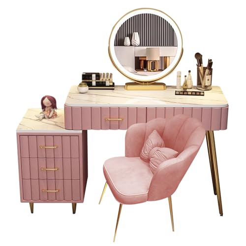 WANGXLGD Waschtisch-Set mit Beleuchtung und Hocker, Waschtisch-Schreibtisch mit Spiegel, Waschtisch-Schreibtisch mit Schubladen, 3 Beleuchtungsfarben Frisiertisch-Set (Pink,80cm/31.5in) von WANGXLGD