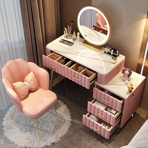 WANGXLGD Waschtisch-Set mit Spiegel und LED-Beleuchtung, große Schminkkommode mit Schiebeschrank, Glasplatte Frisiertisch mit 5 Schubladen und Hocker (Pink,80cm) von WANGXLGD