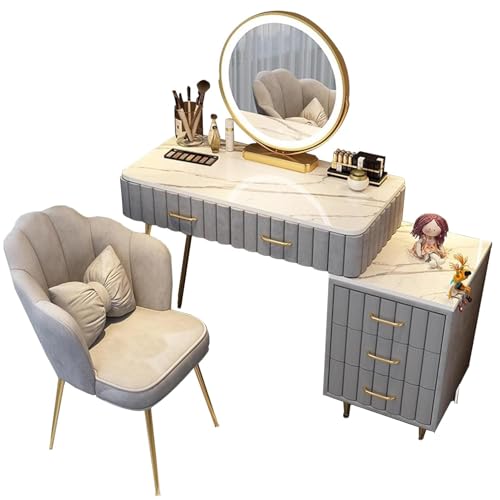 WANGXLGD Waschtisch-Set mit Spiegel und LED-Beleuchtung, großer Schmink- und Frisiertisch mit 5 Schubladen und gepolstertem Hocker (Grey,80cm) von WANGXLGD