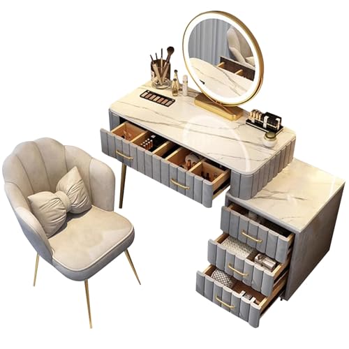 WANGXLGD Waschtisch-Set mit beleuchtetem Spiegel, 3-Farben-Touchscreen-Spiegel, dimmbar, einstellbare Helligkeit, Schlafzimmer-Schminktisch mit Schubladen und gepolstertem Hocker (Grey,80cm/31.5in) von WANGXLGD