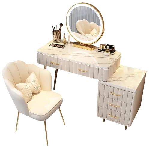 WANGXLGD Waschtisch-Set mit beleuchtetem Spiegel, 3-Farben-Touchscreen-Spiegel, dimmbar, einstellbare Helligkeit, Schlafzimmer-Schminktisch mit Schubladen und gepolstertem Hocker (White,80cm/31.5in) von WANGXLGD