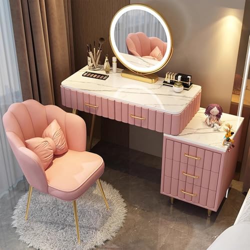 WANGXLGD Waschtisch-Set mit beleuchtetem Spiegel, großer Spiegel Makeup-Waschtisch mit gepolstertem Hocker, 5 Schubladen, moderner Waschtisch mit Nachttisch (Pink,80cm) von WANGXLGD