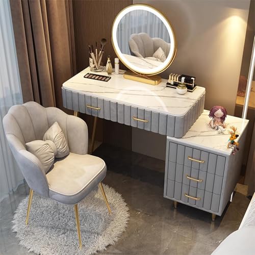 WANGXLGD Waschtisch-Set mit rundem Spiegel, Schminkkommode mit 5 Schubladen, Kommode und gepolstertem Hocker-Set (Grey,100cm) von WANGXLGD