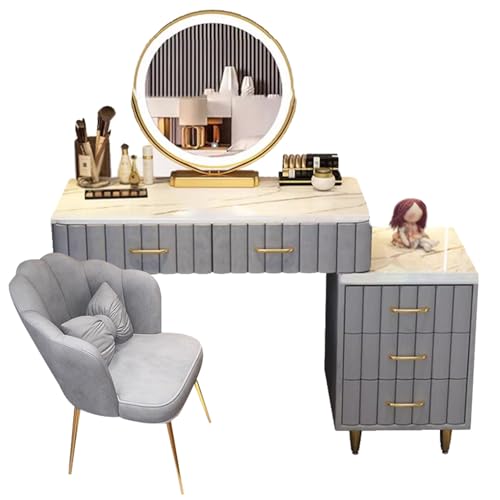 WANGXLGD Waschtisch mit LED-beleuchtetem Spiegel, 3 Beleuchtungsfarben Makeup-Waschtisch mit Schublade, Toilettentisch mit Hocker für Schlafzimmer (Grey,100cm/39.4in) von WANGXLGD