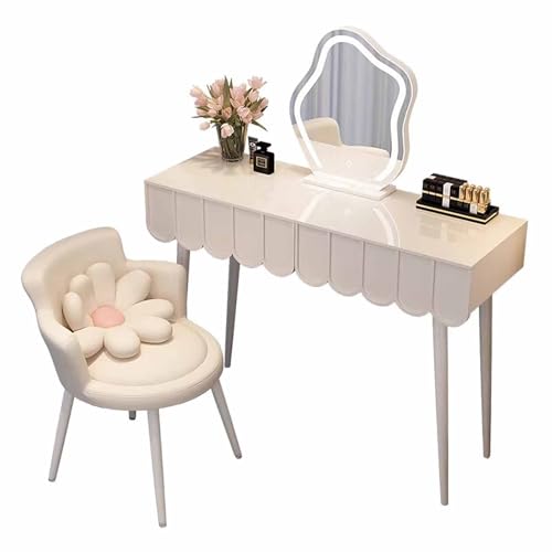 WANGXLGD Waschtisch mit beleuchtetem Spiegel - 3 farbige Beleuchtungsmodi einstellbare Helligkeit, 2 Schubladen Schminktisch mit weich gepolstertem Hocker für Schlafzimmer Studio (White,120cm) von WANGXLGD