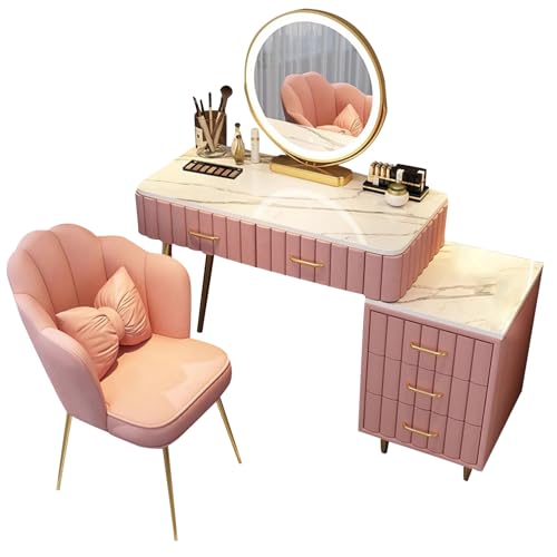 WANGXLGD Waschtisch mit verstellbarem LED-Spiegel, Schminktisch mit Schubladen, 3 Farbmodi, erhältlich für Schlafzimmer, Waschtischhocker (Pink,80cm/31.5in) von WANGXLGD