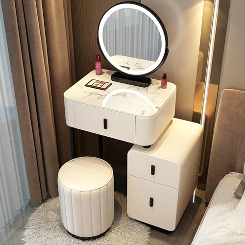 Waschtisch mit Spiegel und Licht, Schreibtisch mit Waschtisch, Schminktisch mit Schubladen, Waschtisch für Schlafzimmer mit viel Stauraum, 3 Beleuchtungsmodi, Marmor UV Desktop (White-black,19.7in) von WANGXLGD