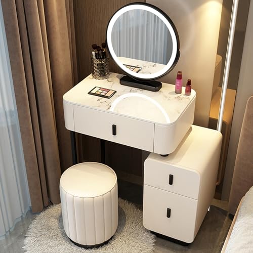 Waschtisch mit Spiegel und Licht, Schreibtisch mit Waschtisch, Schminktisch mit Schubladen, Waschtisch für Schlafzimmer mit viel Stauraum, 3 Beleuchtungsmodi, Marmor UV Desktop (White-black,23.6in) von WANGXLGD
