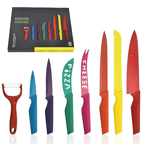 WANGYI Küchenmesser Set 8-TLG Sharp sieben Rainbow Messer Set mit Kochmesser,Brotmesser, Schälmesser,Pizzamesser, Universalmesser, Gebogenem Käsemesser | WYKKS-LJB8 von WANGYI