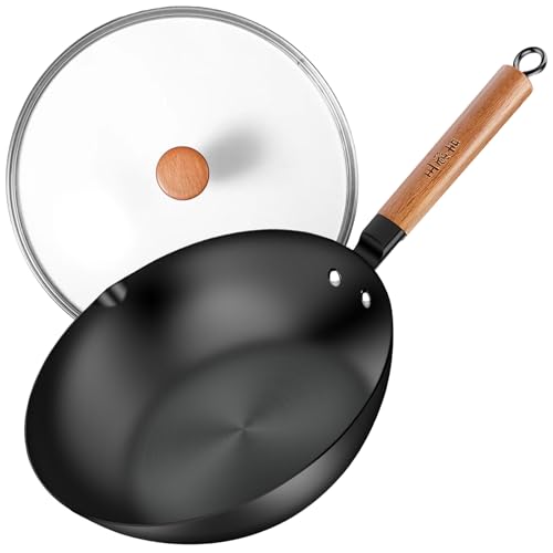 WANGYUANJI 28cm Wok aus Kohlenstoffstahl mit Deckel und Holzgriff – Flacher Boden Wokpfanne für Induktion Elektro Gas Halogen alle Herde von WANGYUANJI