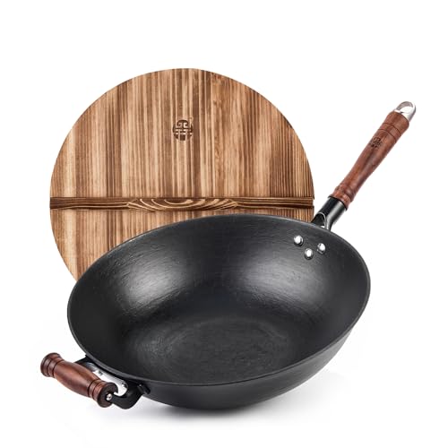 Wokpfanne mit Deckel, 32cm Wok Gusseisen mit Flachem Boden und Holzgriff, 12.59" Unbeschichteter Pfanne ohne PTFE und PFOA, Groß Woks & Wokpfannen für Gas Elecric Induktions alle Kochfelder von WANGYUANJI