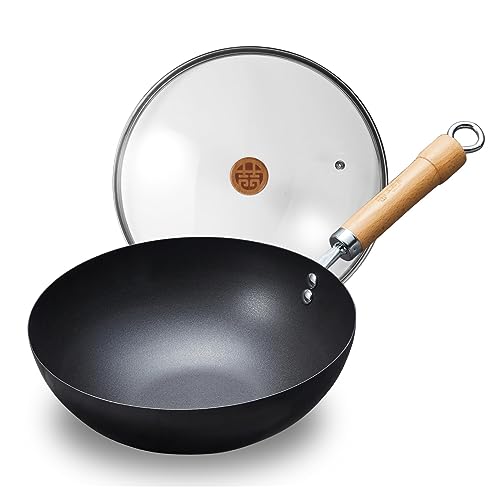 WANGYUANJI Wok Pfanne aus Kohlenstoffstahl, 28cm Bratpfanne mit Deckel, kein chemisch beschichteter traditioneller Wok für Induktion, Elektro, Gas, Halogen, alle Herde – praktisches Geschenk von WANGYUANJI