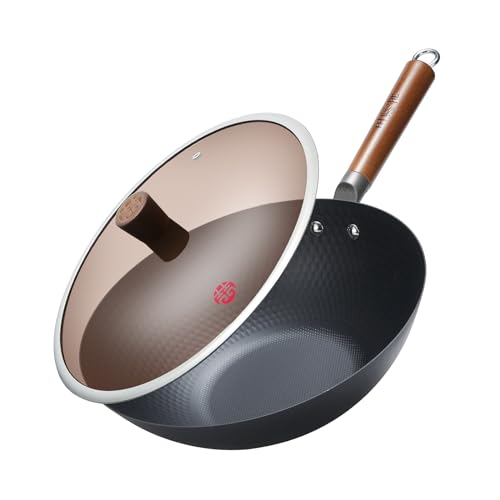 WANGYUANJI Wokpfanne 30cm, Karbonstahl Wok zum Kochen, Schmoren und Braten, ohne Chemische Beschichtung Flacher Boden Wok für Induktion Elektro Gas Halogen alle Herde von WANGYUANJI